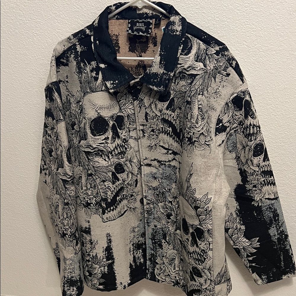Rebel Vengeance Black and Cream Skeleton Graphic Button Up Jacket